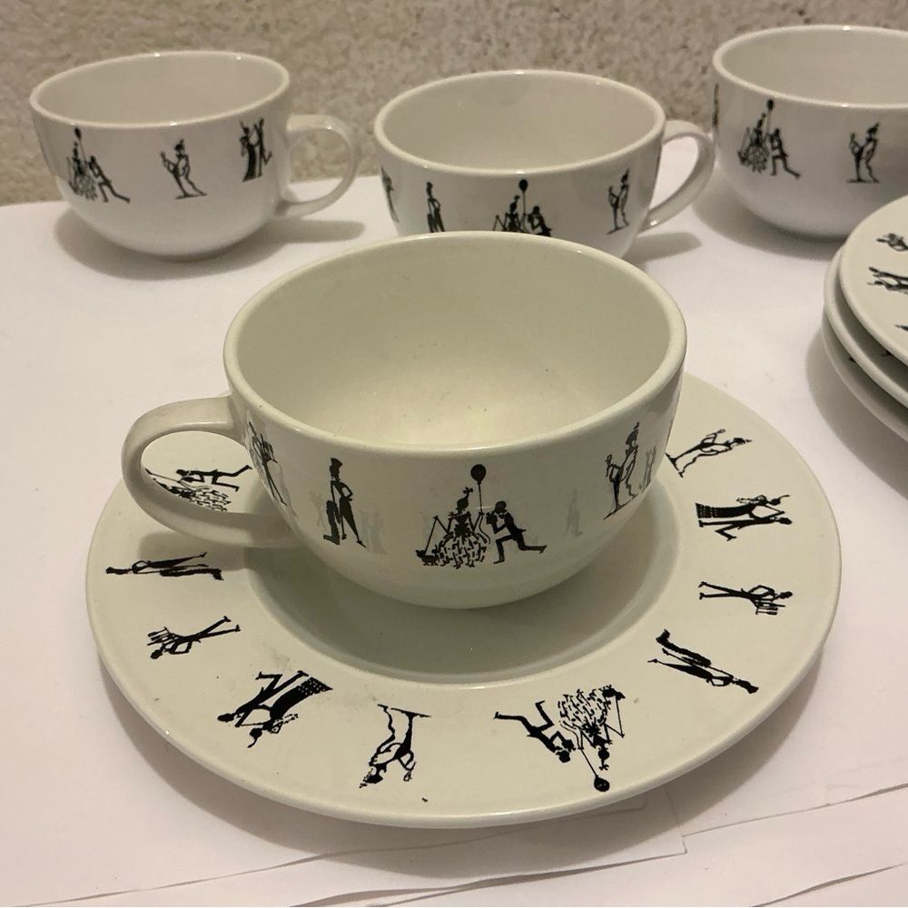 Retroneu Let's Eat Party 4539 4 tea cups and saucers Couples Dancing & Drinking